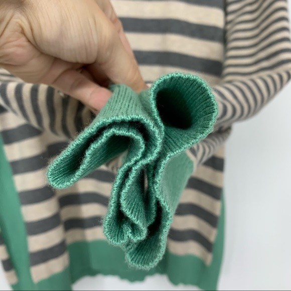 Olive & Oak Wide Striped Soft Preppy Fitted Scoop Neck Sweater Gray Cream Green - Picture 6 of 13